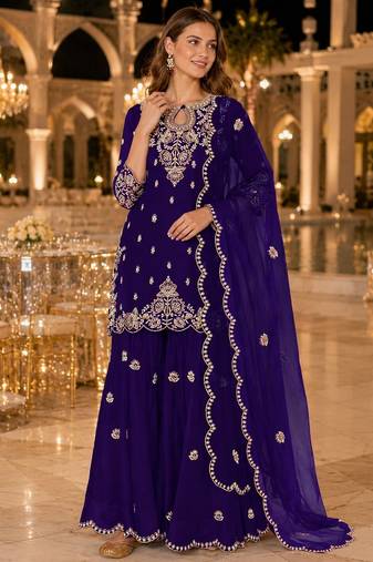 Purple vichitra suit with embroidered viscose thread jari & sequin work