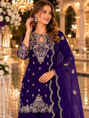 Purple vichitra suit with embroidered viscose thread jari & sequin work 2