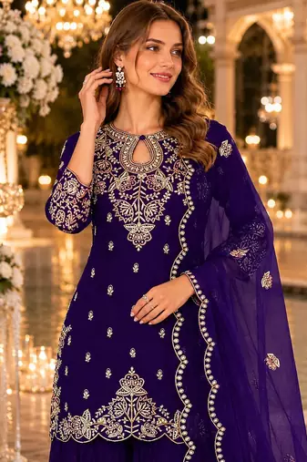 Purple vichitra suit with embroidered viscose thread jari & sequin work