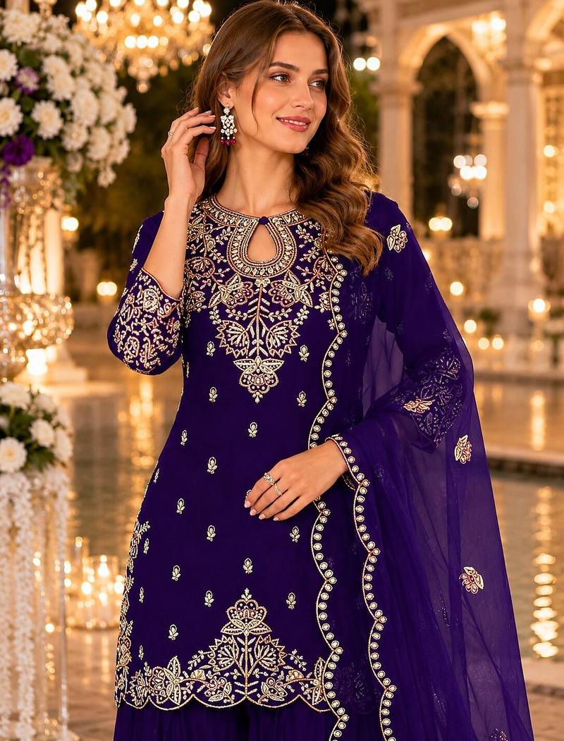 Purple vichitra suit with embroidered viscose thread jari & sequin work