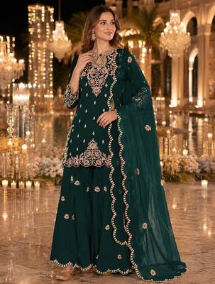 Green vichitra suit with embroidered viscose thread jari & sequin work 1