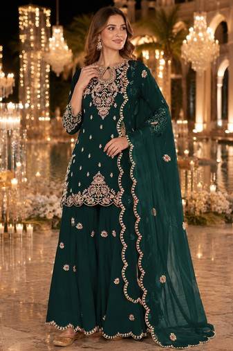 Green vichitra suit with embroidered viscose thread jari & sequin work