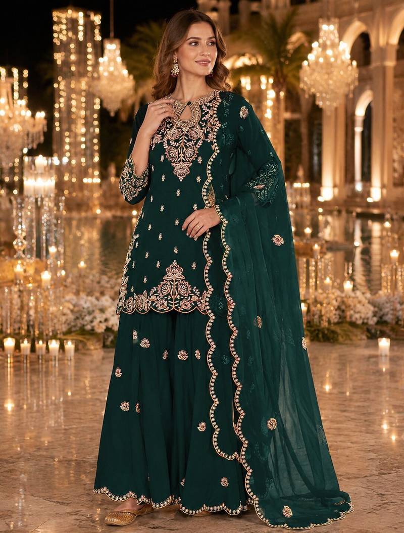 Green vichitra suit with embroidered viscose thread jari & sequin work