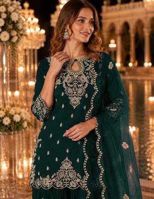 Green vichitra suit with embroidered viscose thread jari & sequin work 2