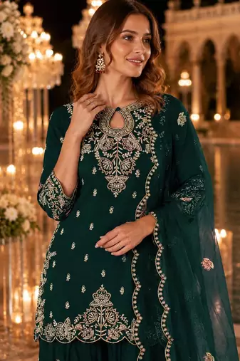 Green vichitra suit with embroidered viscose thread jari & sequin work