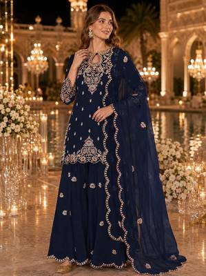 Teal vichitra suit with embroidered viscose thread jari & sequin work 1