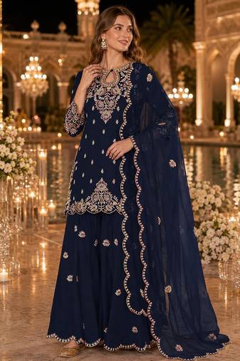Teal vichitra suit with embroidered viscose thread jari & sequin work