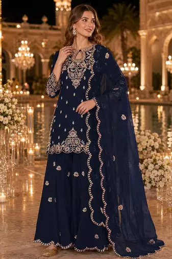 Teal vichitra suit with embroidered viscose thread jari & sequin work