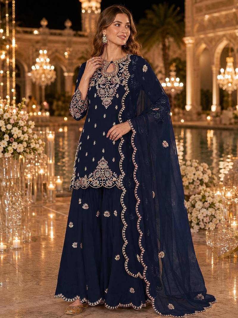 Teal vichitra suit with embroidered viscose thread jari & sequin work