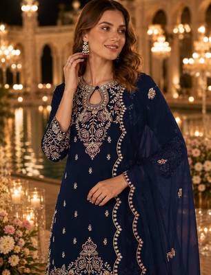 Teal vichitra suit with embroidered viscose thread jari & sequin work 2