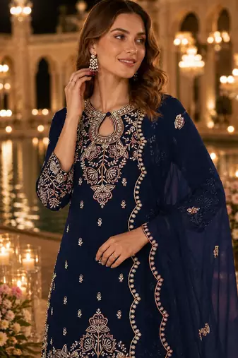 Teal vichitra suit with embroidered viscose thread jari & sequin work