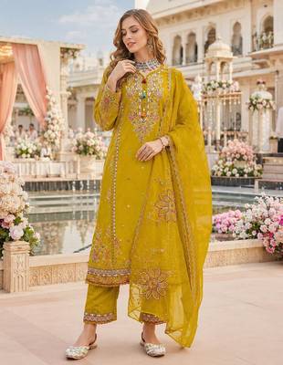 Mustard cotton suit with embroidery viscose multi thread work 1