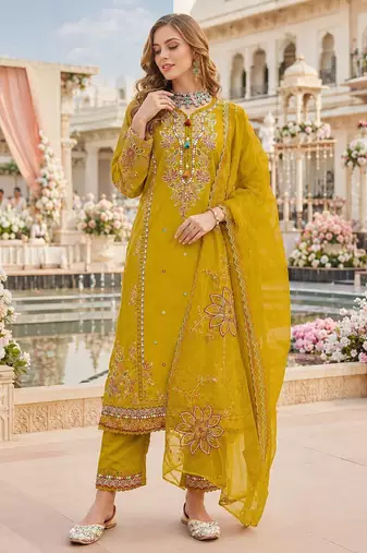 Mustard cotton suit with embroidery viscose multi thread work