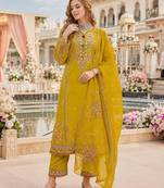 Mustard cotton suit with embroidery viscose multi thread work