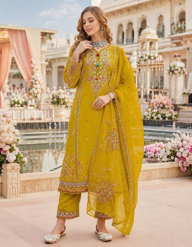 Mustard cotton suit with embroidery viscose multi thread work