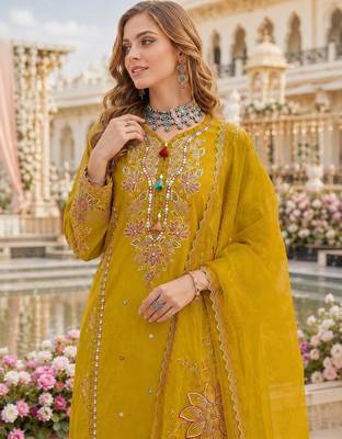 Mustard cotton suit with embroidery viscose multi thread work 2