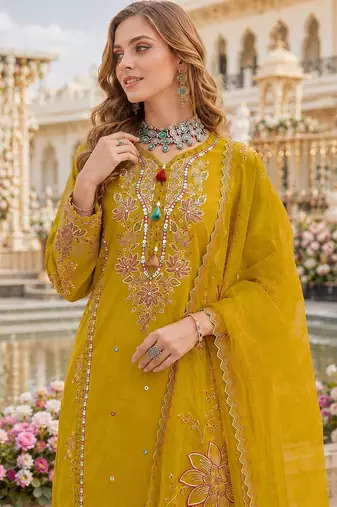 Mustard cotton suit with embroidery viscose multi thread work