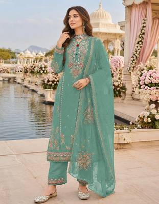 Sky blue cotton suit with embroidery viscose multi thread work 1