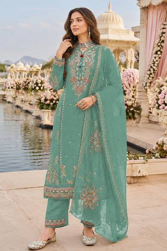 Sky blue cotton suit with embroidery viscose multi thread work