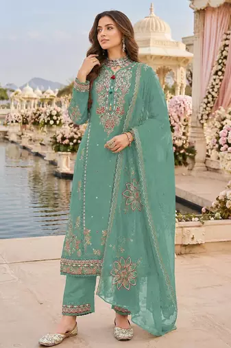 Sky blue cotton suit with embroidery viscose multi thread work