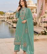 Sky blue cotton suit with embroidery viscose multi thread work