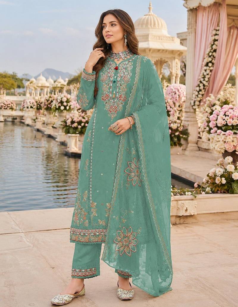 Sky blue cotton suit with embroidery viscose multi thread work
