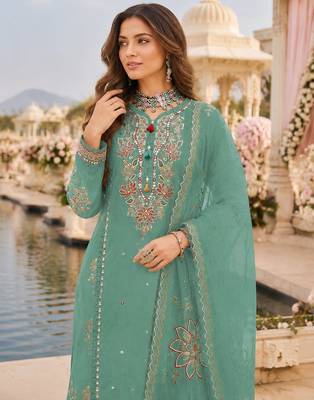 Sky blue cotton suit with embroidery viscose multi thread work 2