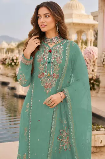 Sky blue cotton suit with embroidery viscose multi thread work