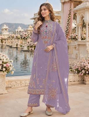 Purple cotton suit with embroidery viscose multi thread work 1