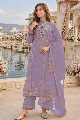 Purple cotton suit with embroidery viscose multi thread work