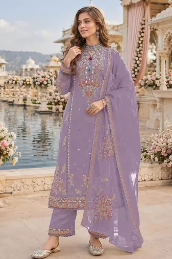 Purple cotton suit with embroidery viscose multi thread work