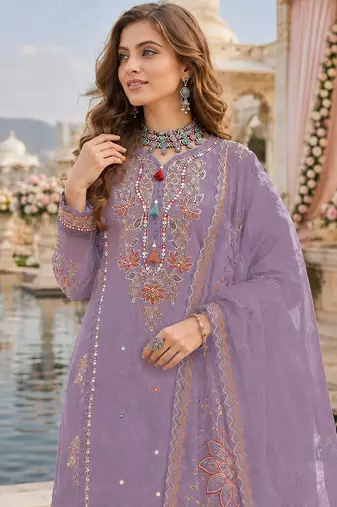 Purple cotton suit with embroidery viscose multi thread work