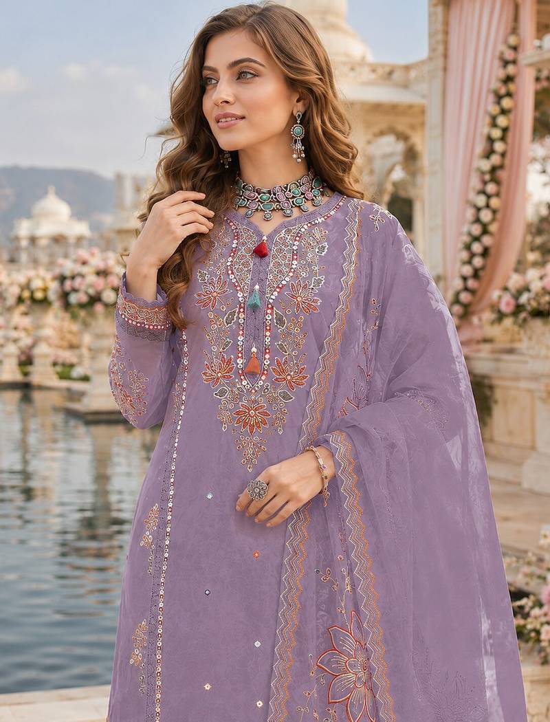 Purple cotton suit with embroidery viscose multi thread work