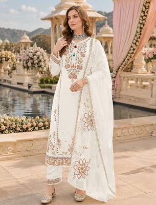 White cotton suit with embroidery viscose multi thread work 1