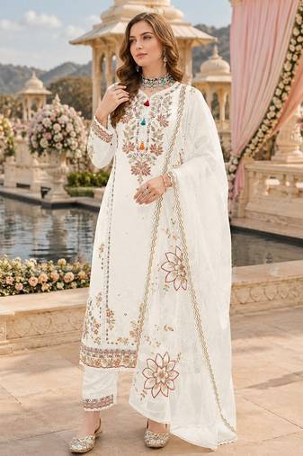 White cotton suit with embroidery viscose multi thread work