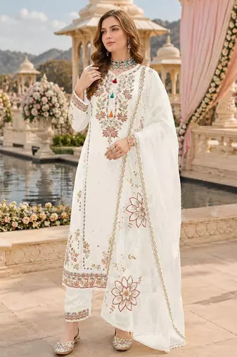 White cotton suit with embroidery viscose multi thread work