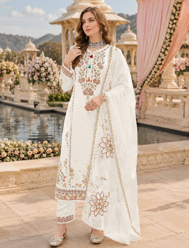 White cotton suit with embroidery viscose multi thread work