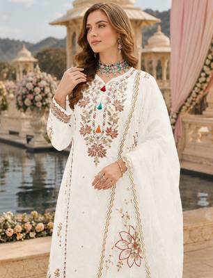 White cotton suit with embroidery viscose multi thread work 2