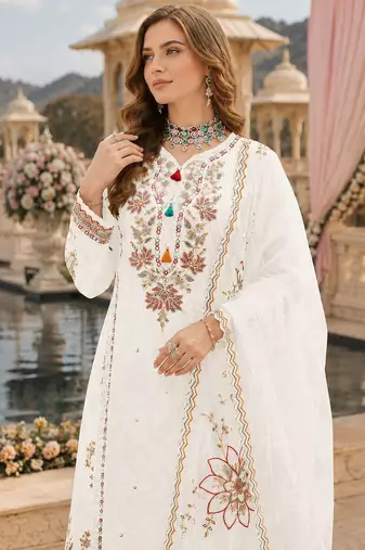 White cotton suit with embroidery viscose multi thread work