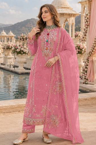 Pink cotton suit with embroidery viscose multi thread work