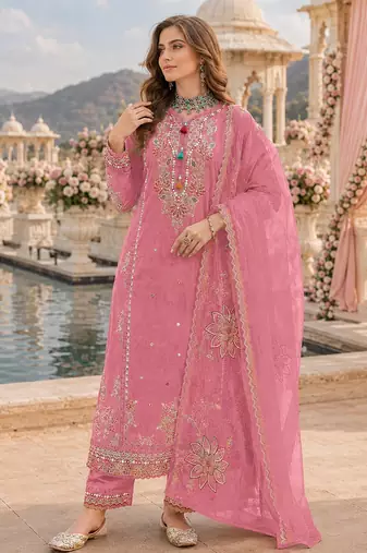 Pink cotton suit with embroidery viscose multi thread work
