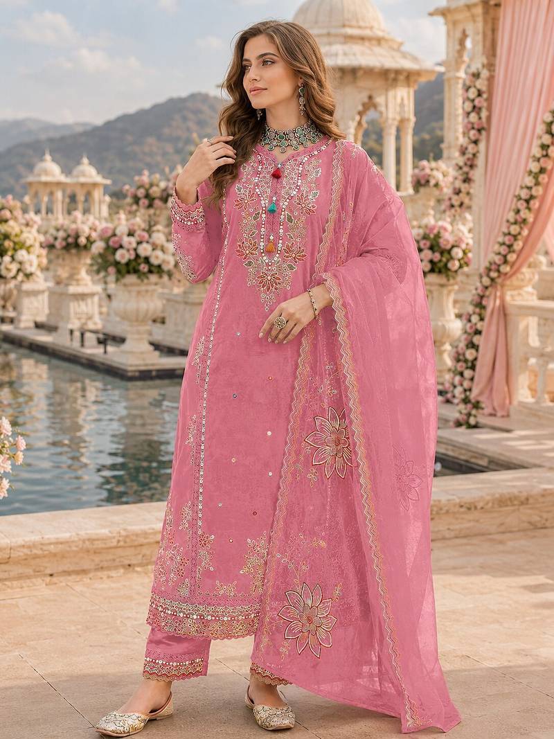 Pink cotton suit with embroidery viscose multi thread work