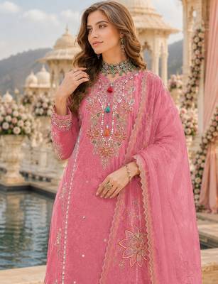 Pink cotton suit with embroidery viscose multi thread work 2