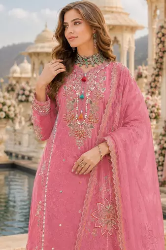 Pink cotton suit with embroidery viscose multi thread work