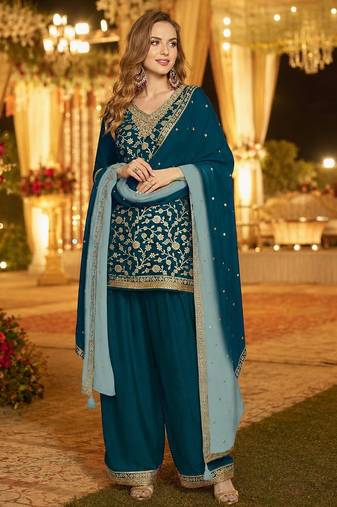 Teal silk farshi salwar suit with codding dori & sequin work