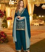 Teal silk farshi salwar suit with codding dori & sequin work