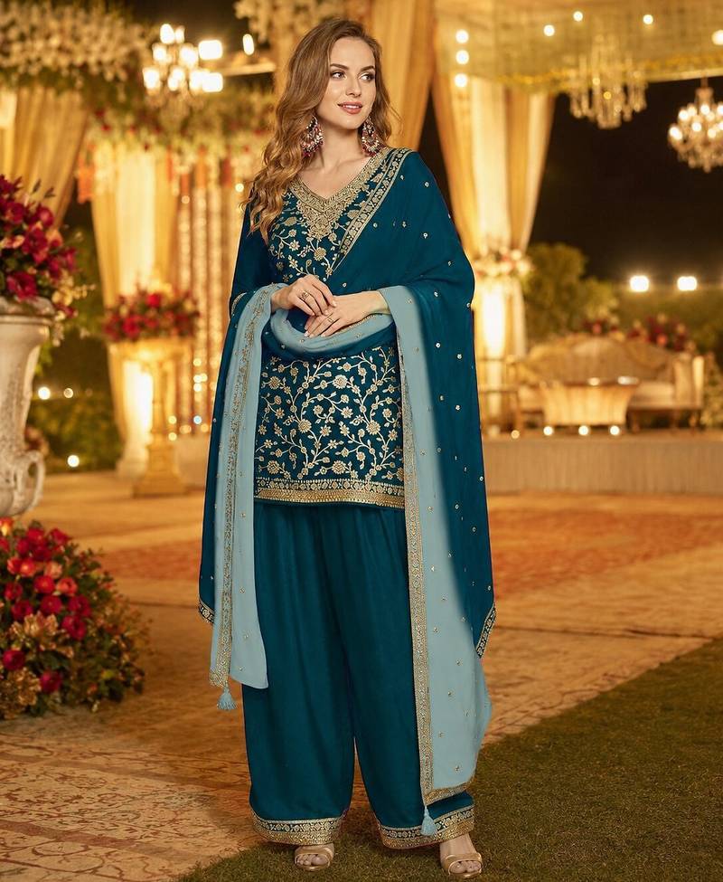 Teal silk farshi salwar suit with codding dori & sequin work