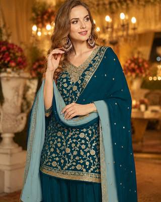Teal silk farshi salwar suit with codding dori & sequin work 2