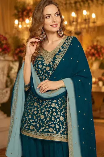 Teal silk farshi salwar suit with codding dori & sequin work
