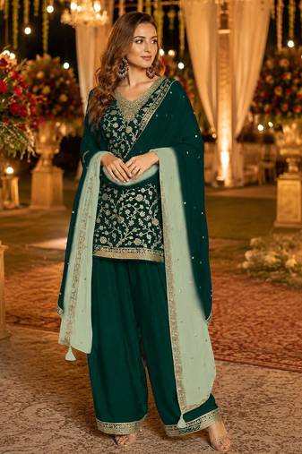 Green silk farshi salwar suit with codding dori & sequin work
